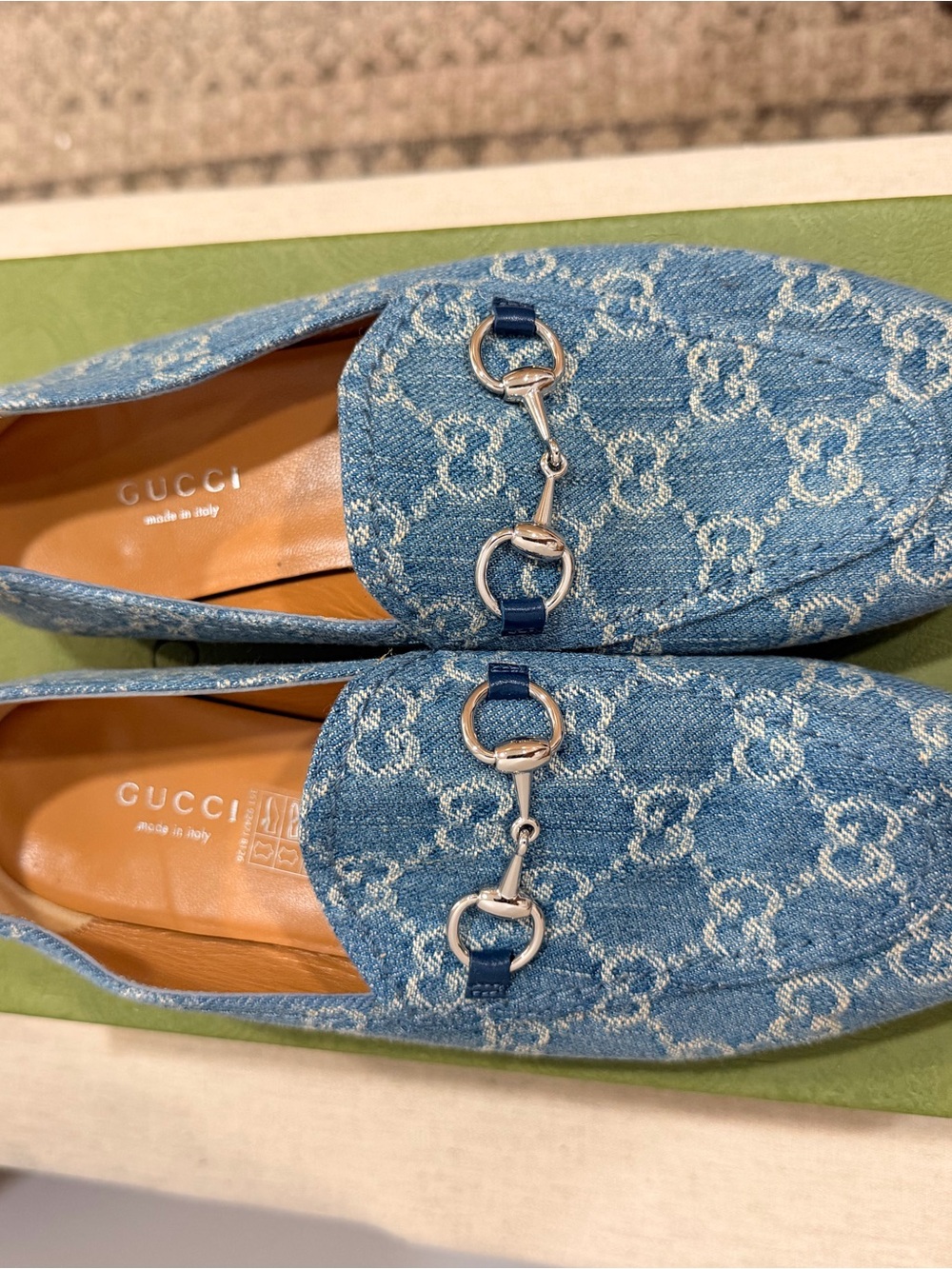 Gucci Light Blue Denim GG Horsebit Loafers